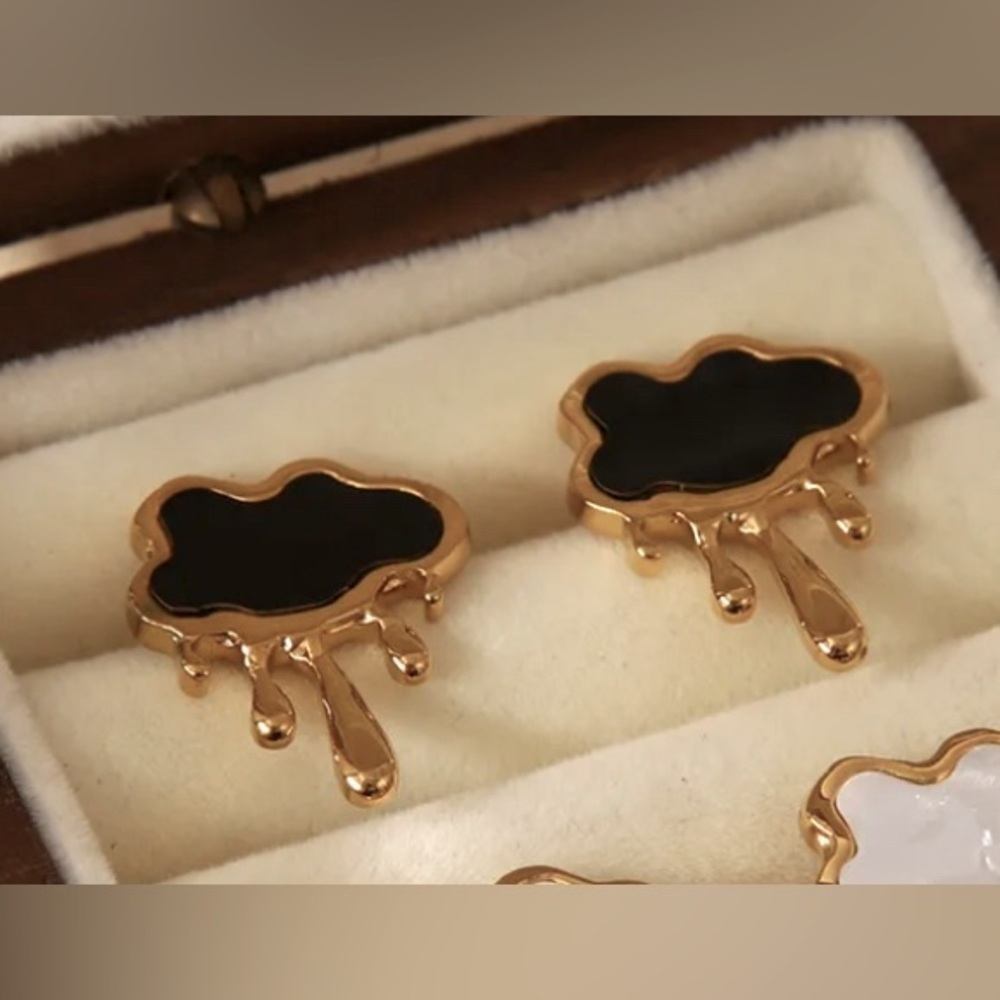 18K Gold Black Cloud Rain Melting Liquid Metal Stud Earrings Punk Bohemian